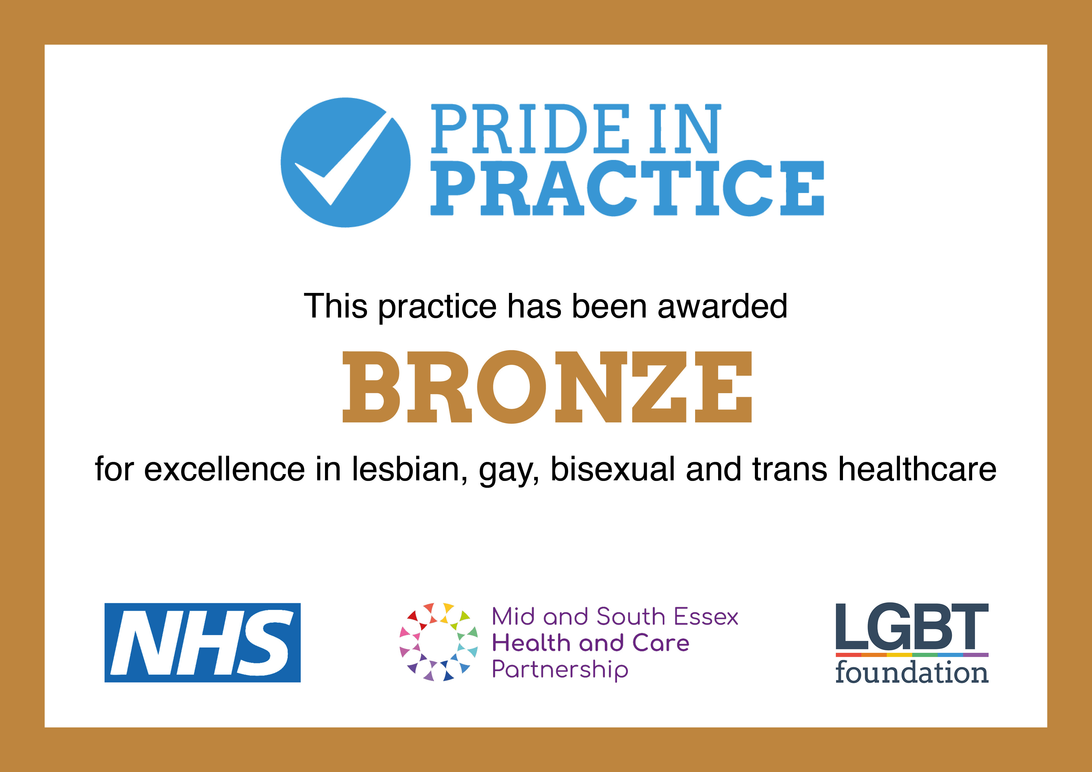Bronze Pride In Practice award certificate