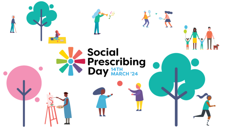 Illustration of lots of people taking part in activities, on their own and with other people, including playing a musical instrument, going for a run, and taking a picnic in the park. The text reads Social Prescribing Day 14th March '24.