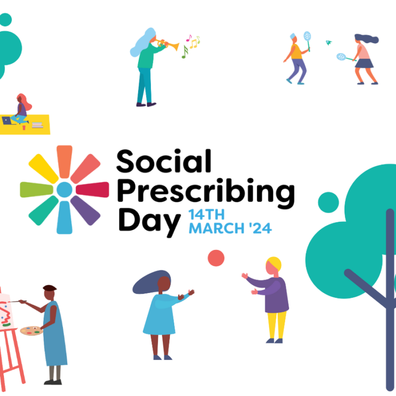 Illustration of lots of people taking part in activities, on their own and with other people, including playing a musical instrument, going for a run, and taking a picnic in the park. The text reads Social Prescribing Day 14th March '24.